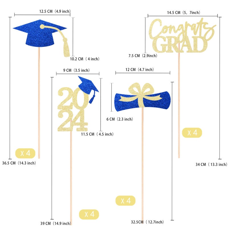 Gexolenu 16 PCS Gold and Blue Double-Sided 2024 Graduation Centerpieces for Tables, 2024 Table Toppers Party Centerpiece Sticks Party Supplies, Graduation Party Decorations Class of 2024, Set of 4 - Image 2